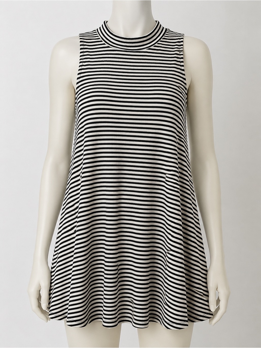 Striped Sleeveless Mock Neck Swing Top Black White Tunic Tank